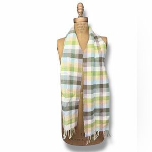 Ann Taylor Loft Plaid Green/Blue/Gray/Beige Multicolor Scarf w/ Fringe